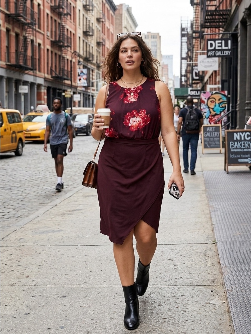 NY & Co Y2K Burgundy Asymmetrical Floral Midi Dress with Red Accents